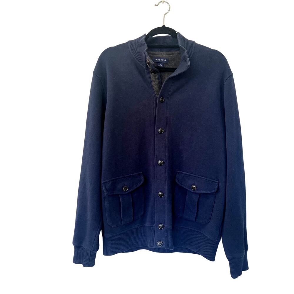 Lands End Lettermen Button Sweater Jacket Cotton Dark Blue SZ L 42-44
